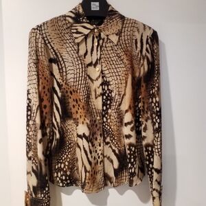 St. John Collection Animal Print Silk Blouse in Beige, Brown & Black